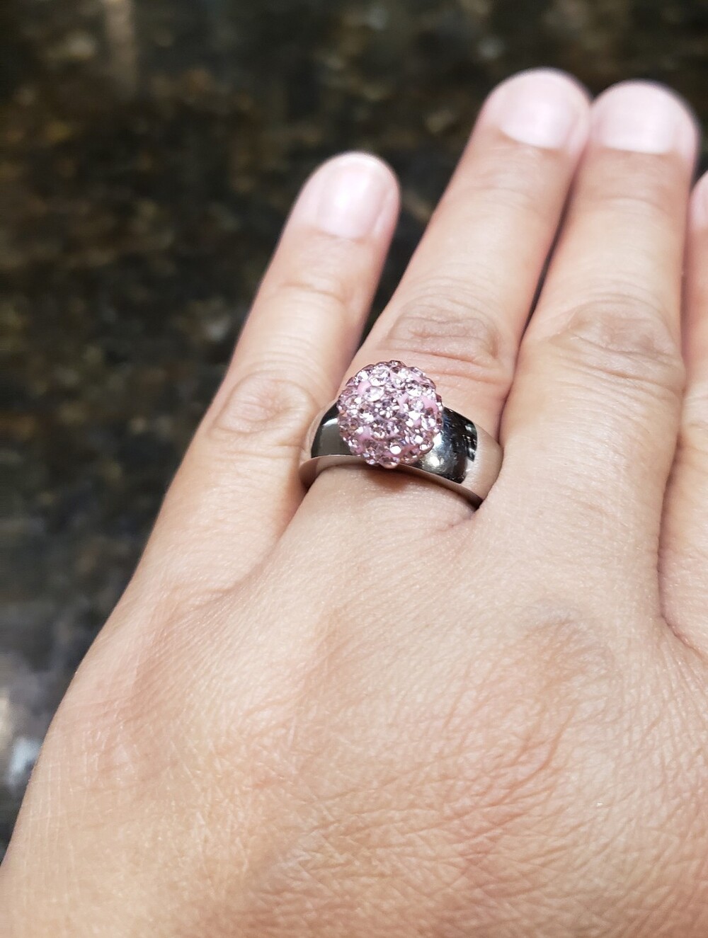Stainless Steel Size 7.5 Ring with Pink Crystal Cluster